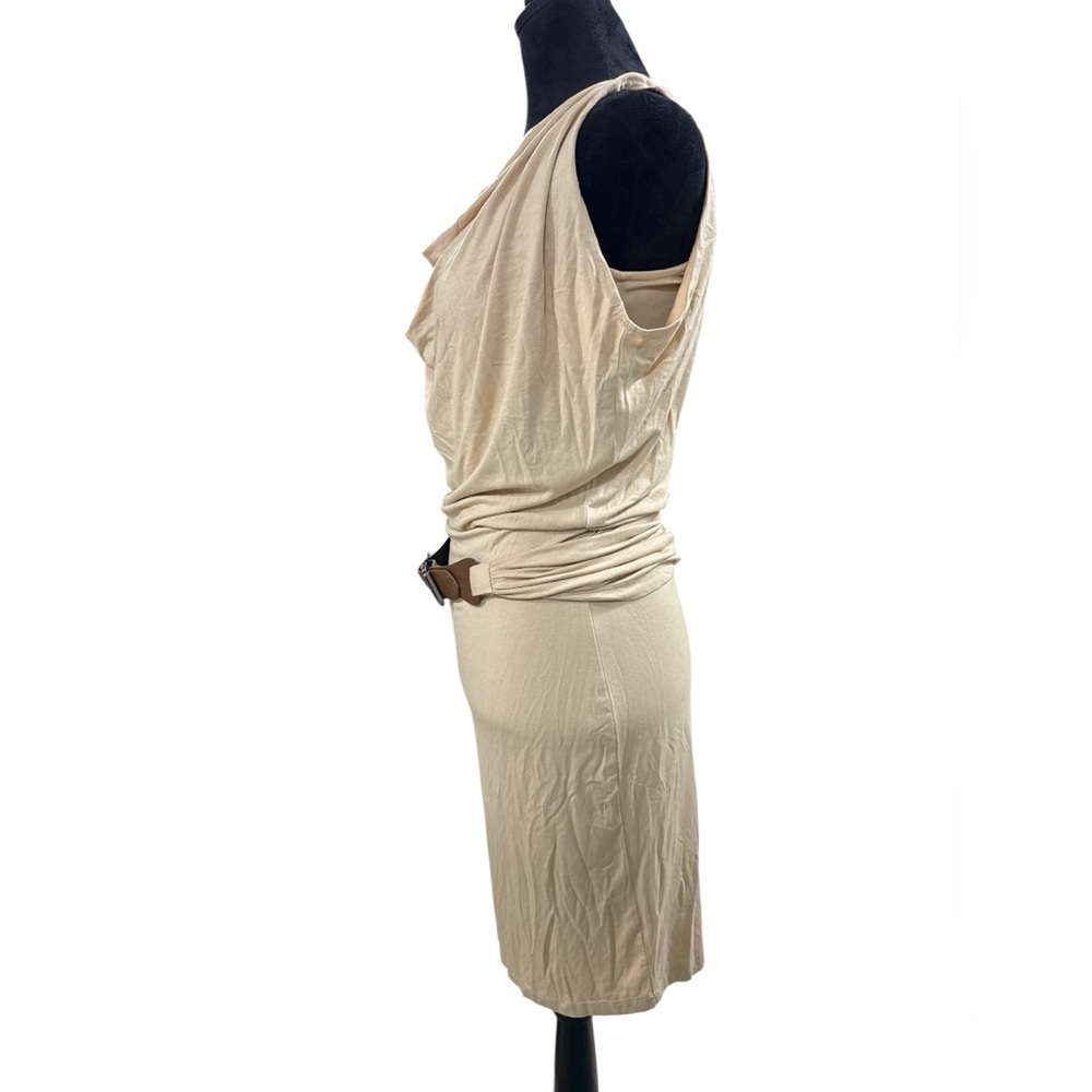 Boston Proper Draped Cowl Neck Ruched Sheath‎ Dress Belted Beige Size 2 Resort - Picture 5 of 11